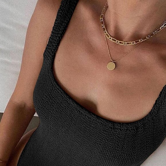 Black Women's Solid Color Sport One Piece Swimsuit Candy Color Textured Fabric - Picture 2 of 4